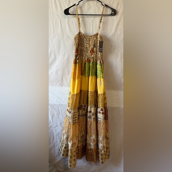 Jackpot Dresses & Skirts - Bohemian Patchwork Maxi Dress with Smocked Bodice 100%silk